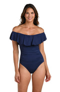 La Blanca Women's Island Goddess Off Shoulder Ruffle One Piece Swimsuit, Indigo, 10