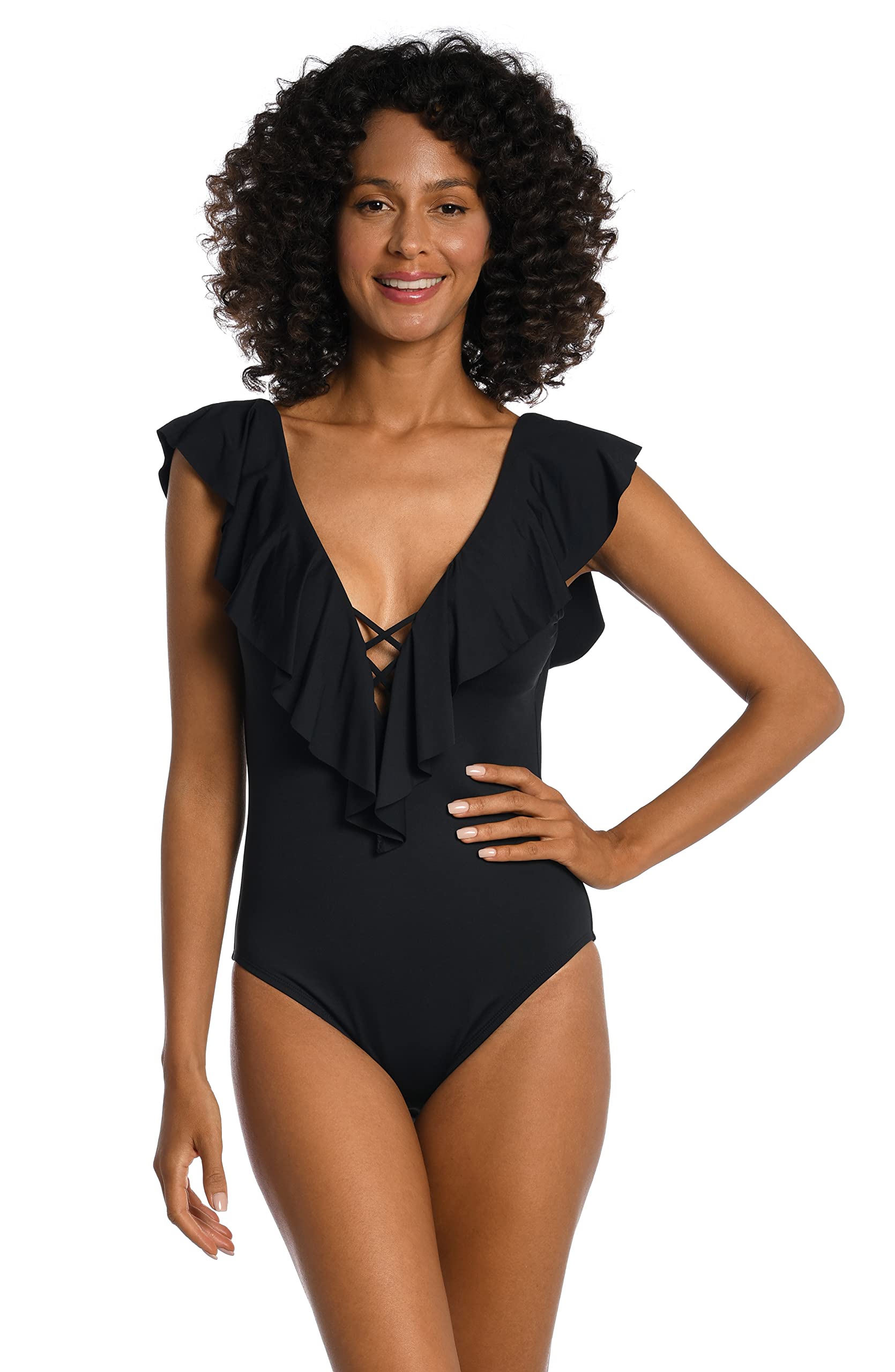La Blanca Women's Island Goddess Over The Shoulder Ruffle Plunge One Piece, Black, 14