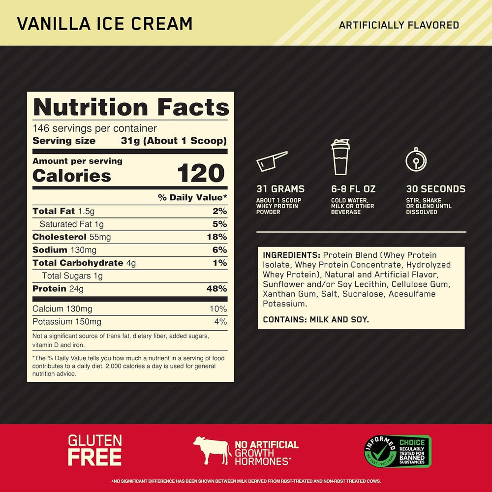 Optimum Nutrition Gold Standard 100% Whey Protein Powder, Vanilla Ice Cream, 10 Pound (Packaging May Vary)