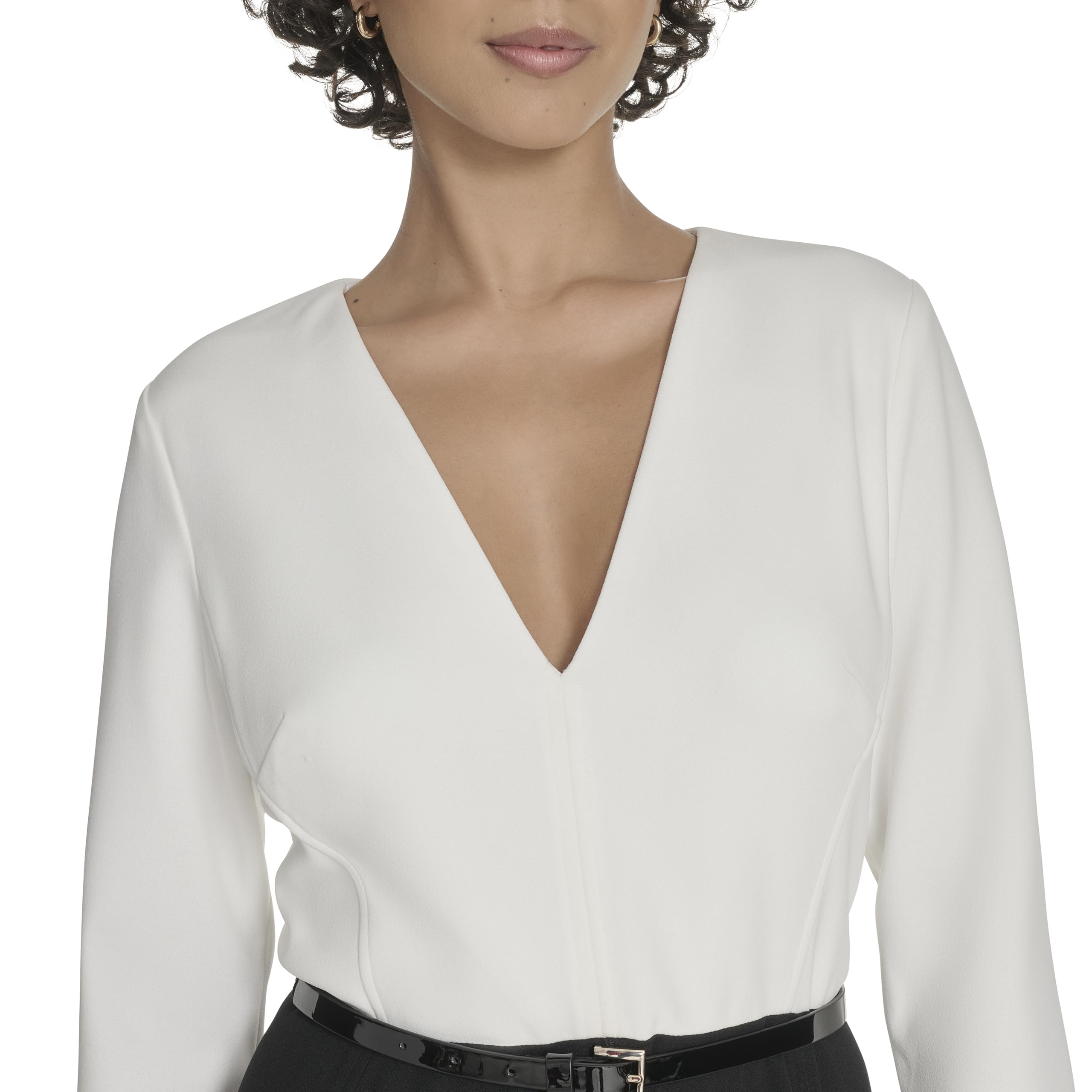 Tommy Hilfiger Women's Long Sleeves V Neck Color Block Midi Dress, Black/Ivory, 2