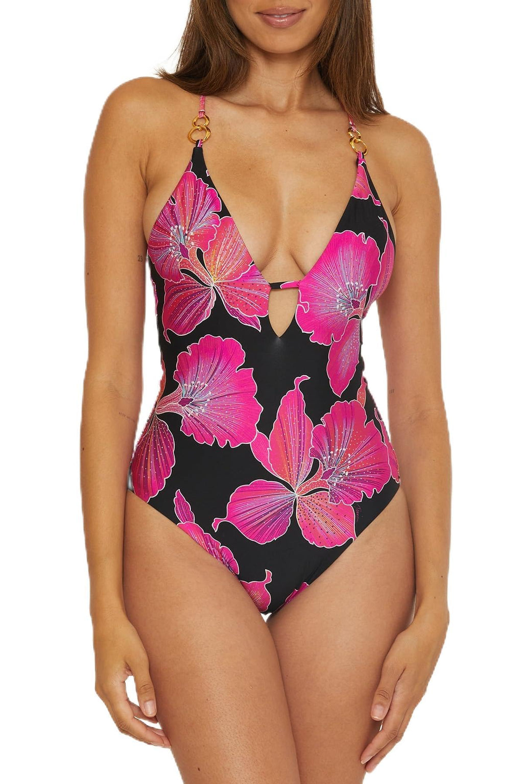 Trina Turk Fleury - Women's One Piece Swimsuit, Plunge Neck, Floral Print, Adjustable, Tie Back, Bathing Suits for Women, Multicolor, 2