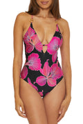 Trina Turk Fleury - Women's One Piece Swimsuit, Plunge Neck, Floral Print, Adjustable, Tie Back, Bathing Suits for Women, Multicolor, 2