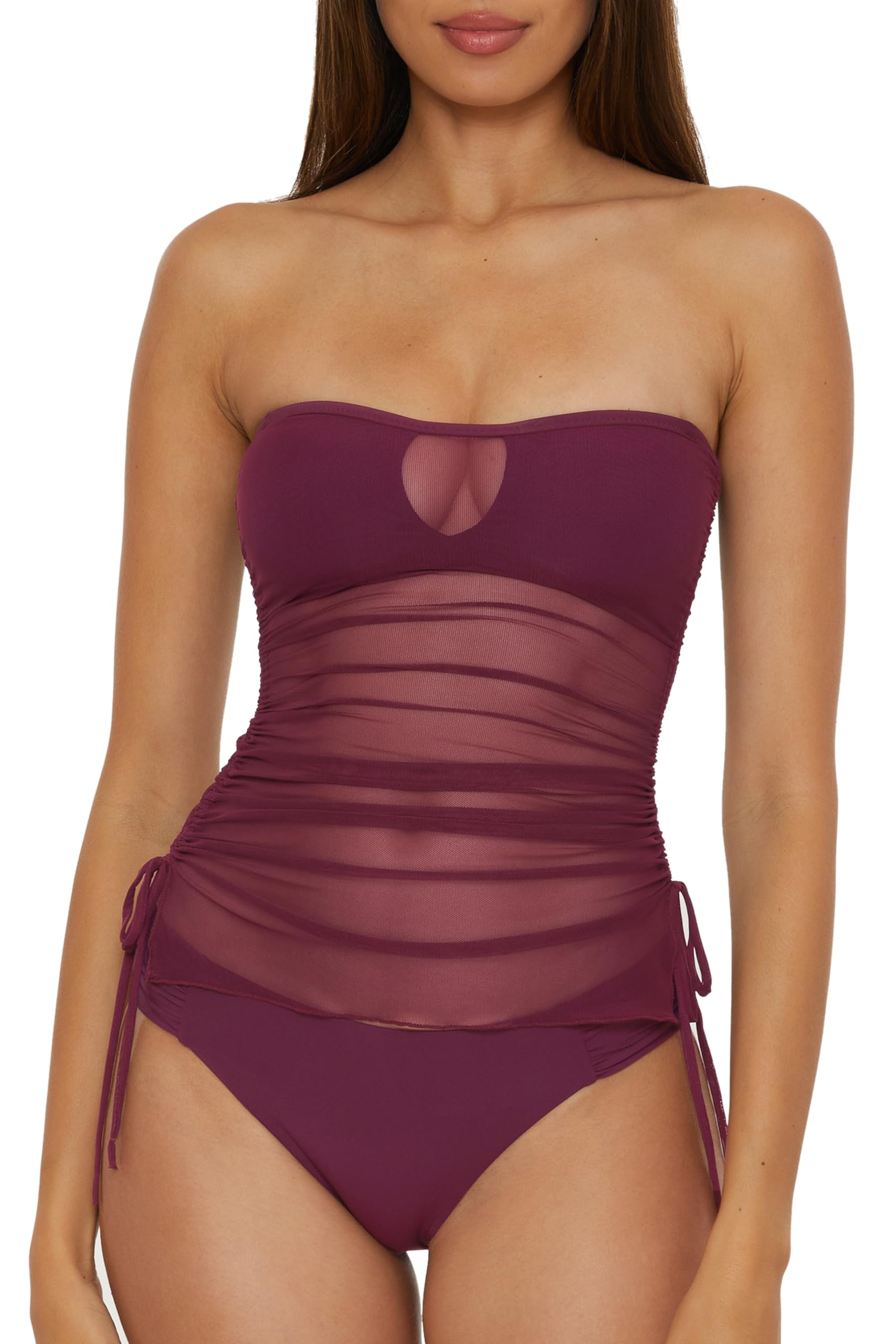 BECCA Muse - Women's Bandeau Tankini, Casual, Pull On, Sheer, Swimsuit Tops for Women, Aubergine, Medium