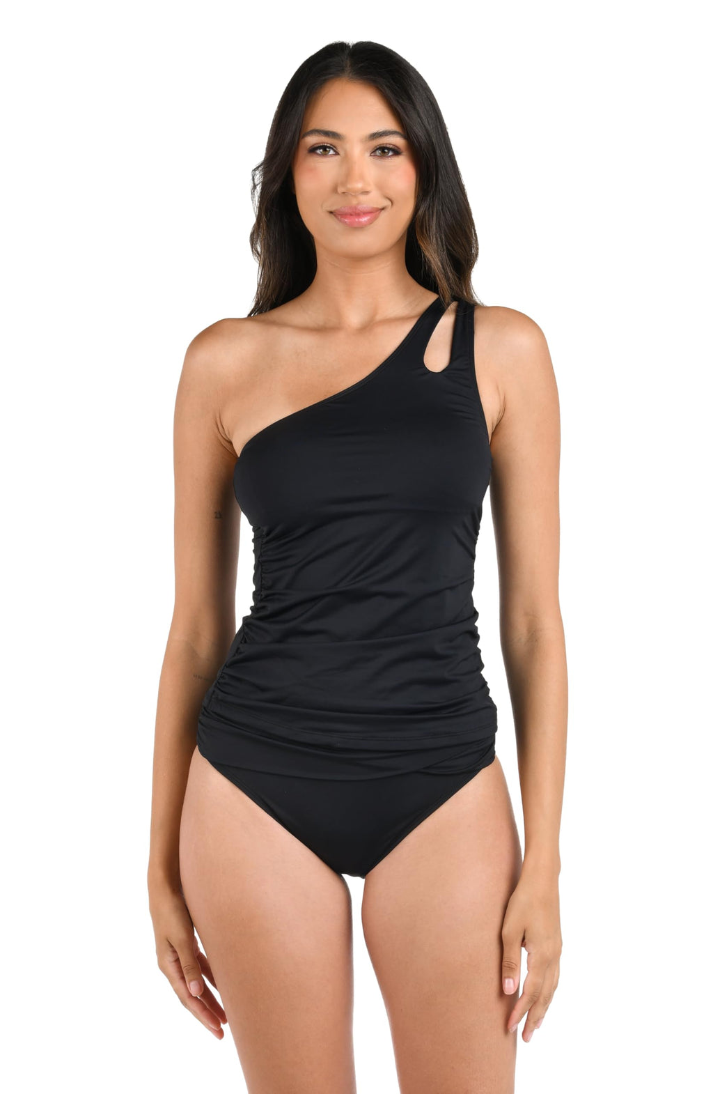 La Blanca Women's Standard Island Goddess One Shoulder Keyhole Tankini Swimsuit Top, Black, 16