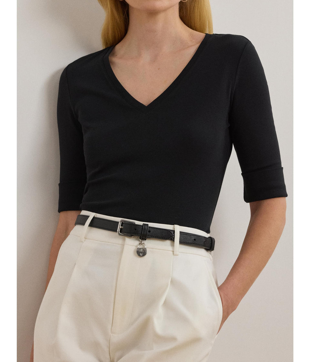 Lauren Ralph Lauren Women's Stretch Cotton Elbow-Sleeve V-Neck Tee, Black, Medium