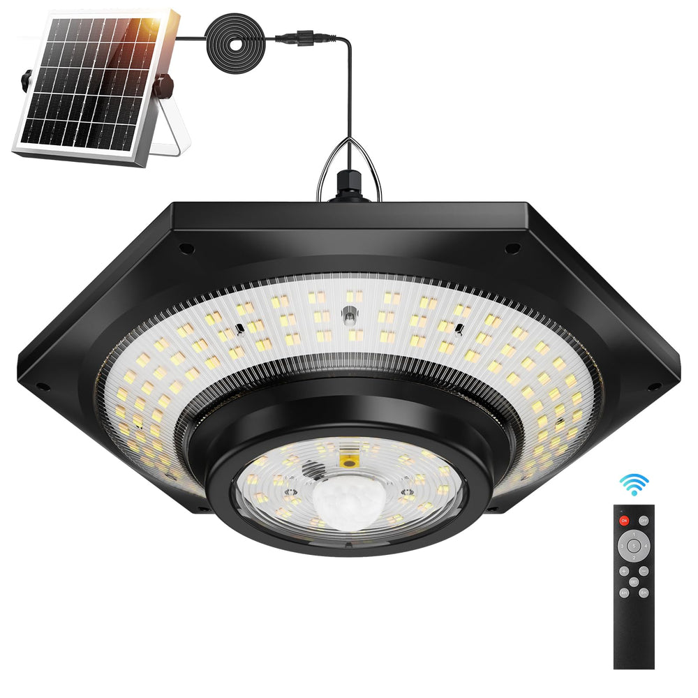 FabStyl Solar Indoor Outdoor Shed Light with 4000LM, Upgrade 228 LED Solar Pendant Light Daytime Available with Motion Sensors 3 Color Temperature Remote Control for Gazebo,Shed, Garage, Barn