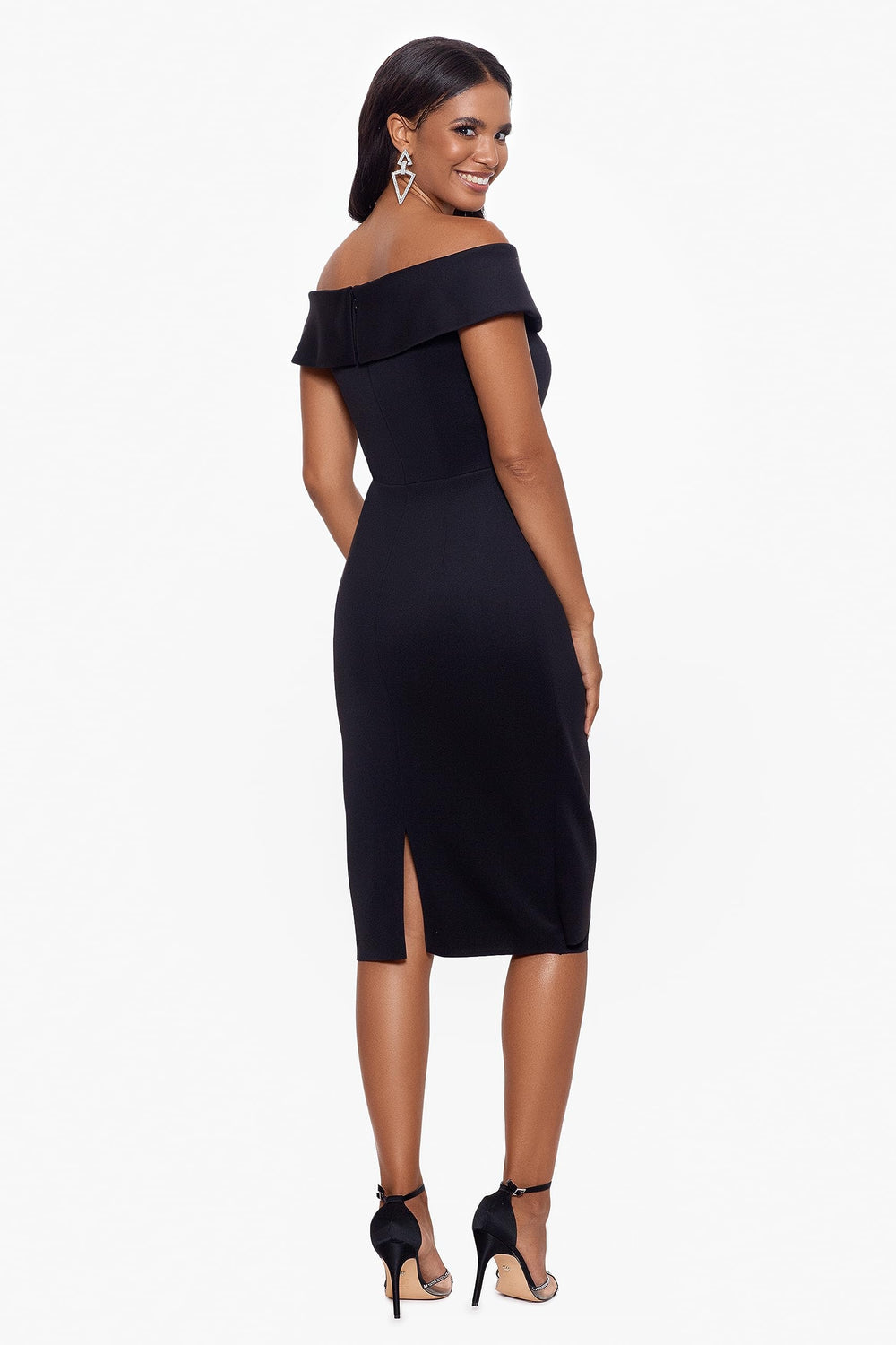 Xscape Women's Knee Length Off-The-Shoulder Scuba Side Ruched Dress, Black, 6