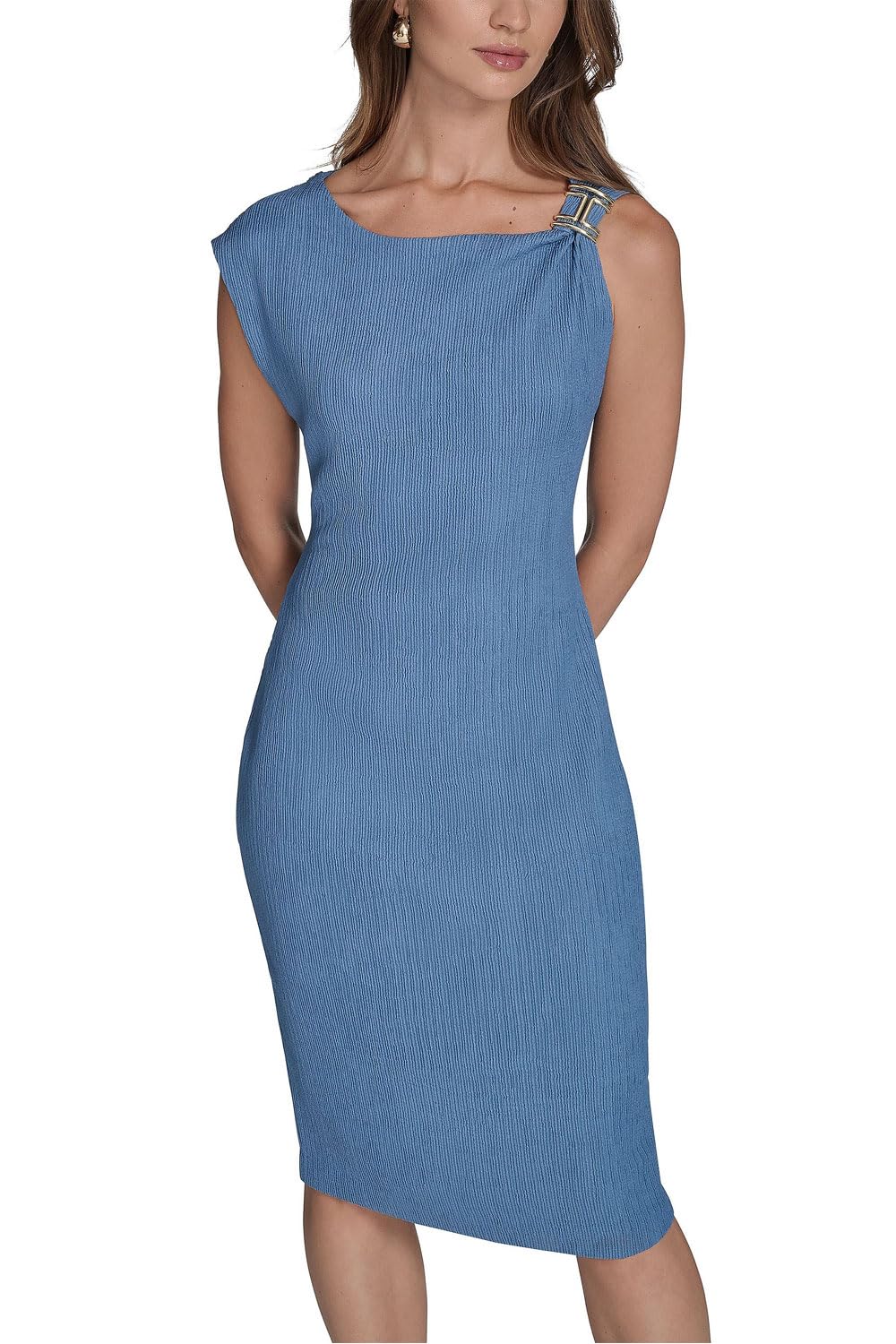 HALSTON H Women's Sleeveless Boat Neck Textured Knit Dress, Sky 12