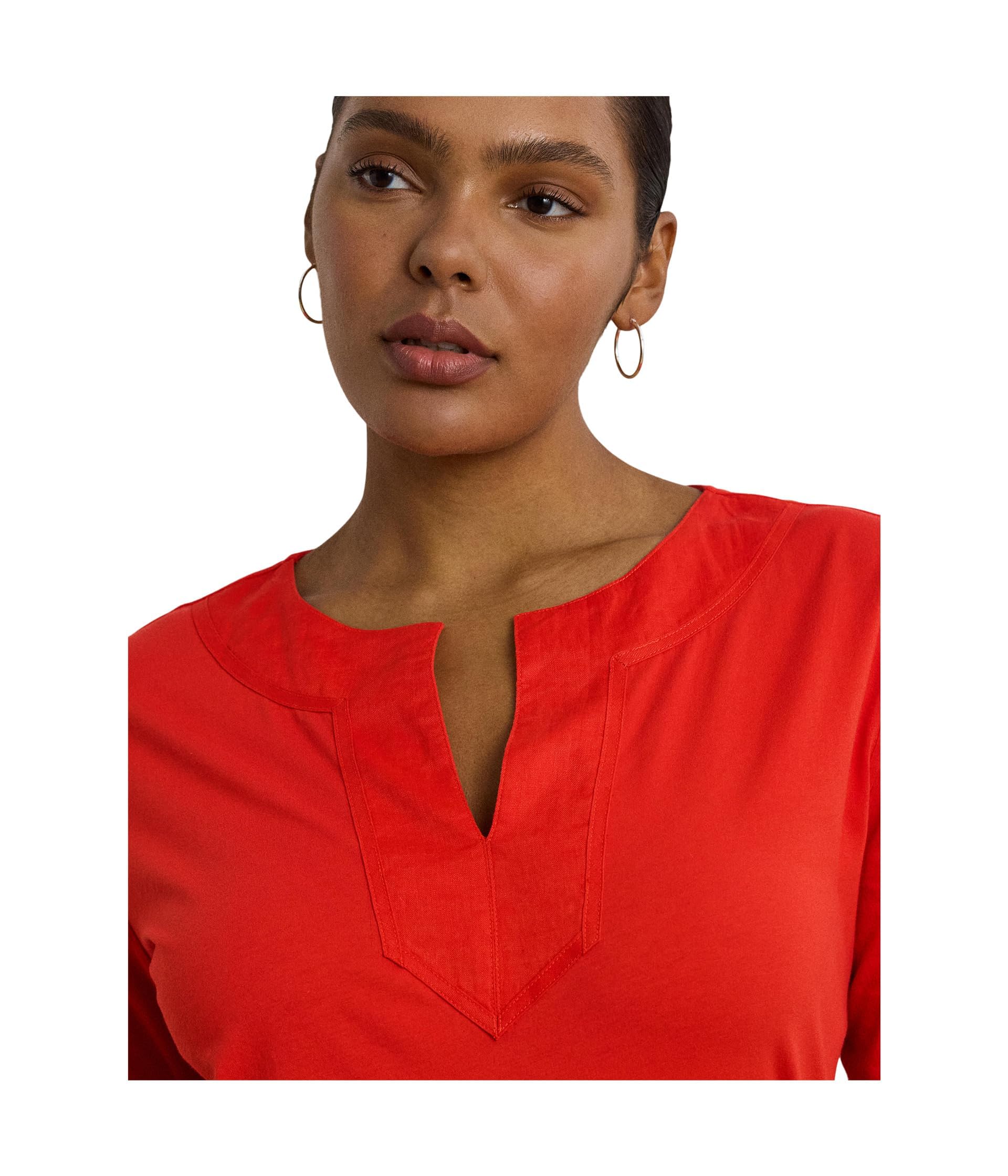 Lauren Ralph Lauren Women's Plus Size Cotton Jersey Three-Quarter-Sleeve Tunic, Bright Vermilion