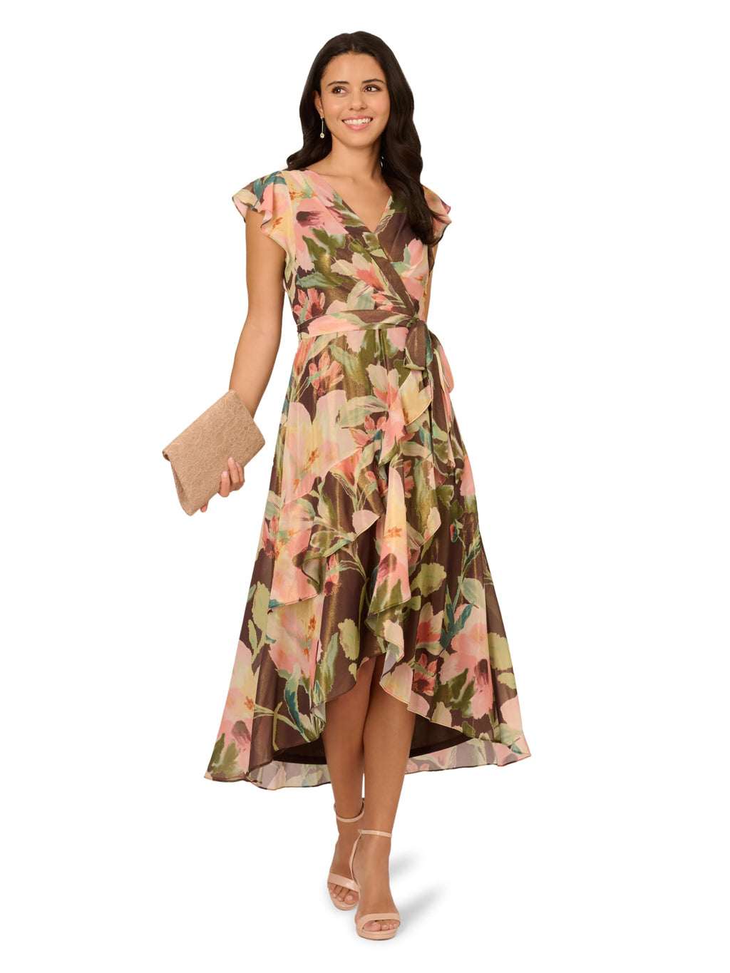Adrianna Papell Women's Floral Hi Low Midi Dress, Brown Multi, 4