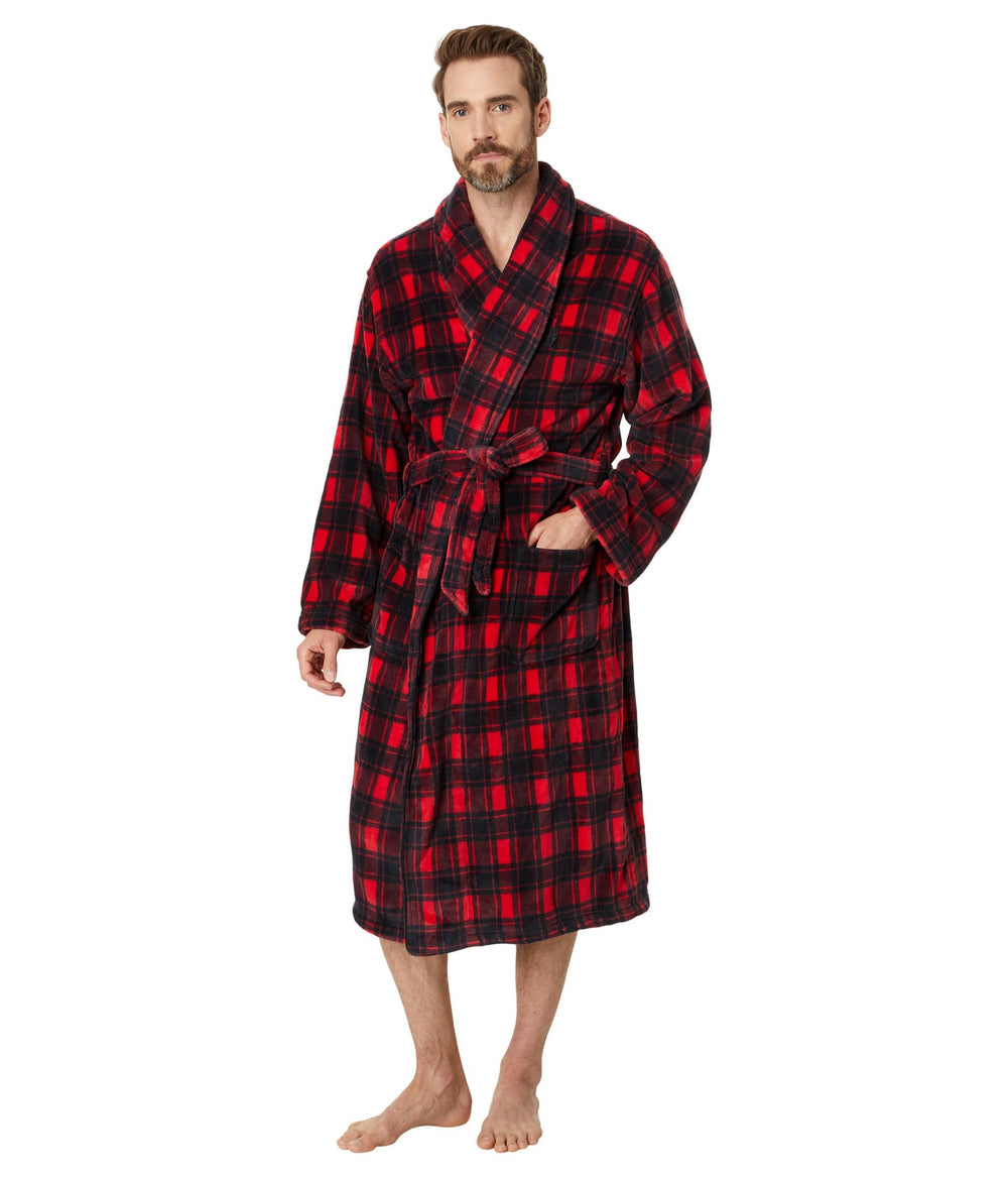 POLO RALPH LAUREN Mens Microfiber Plush Long Sleeve Shawl Collar Robe holiday check Plaid Large-X-Large