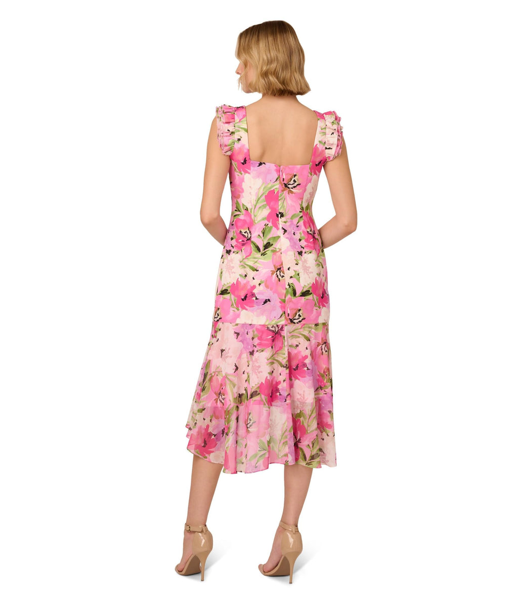 Adrianna Papell Womens Printed Midi Dress Pink Multi 16
