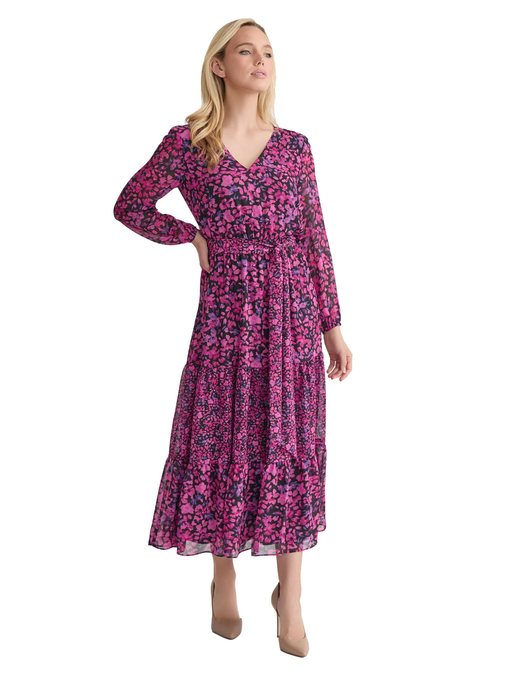 Kasper Women's Long Sleeve V-Neck Printed Maxi Dress