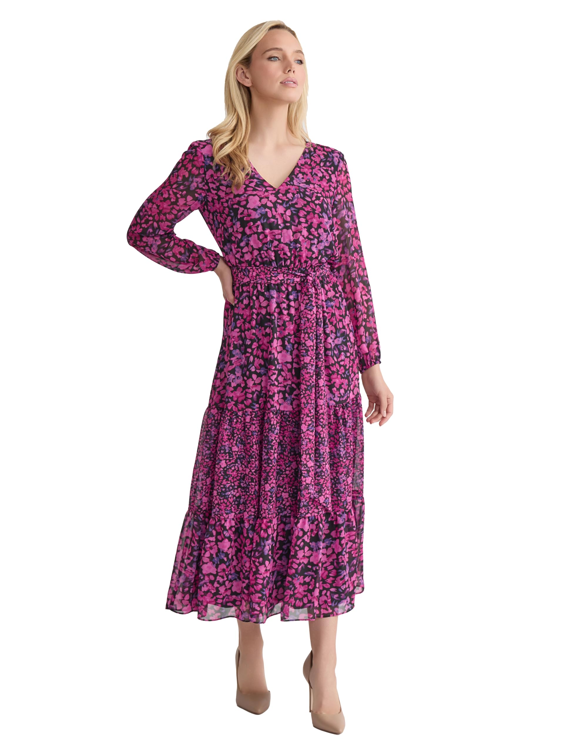 Kasper Women's Long Sleeve V-Neck Printed Maxi Dress