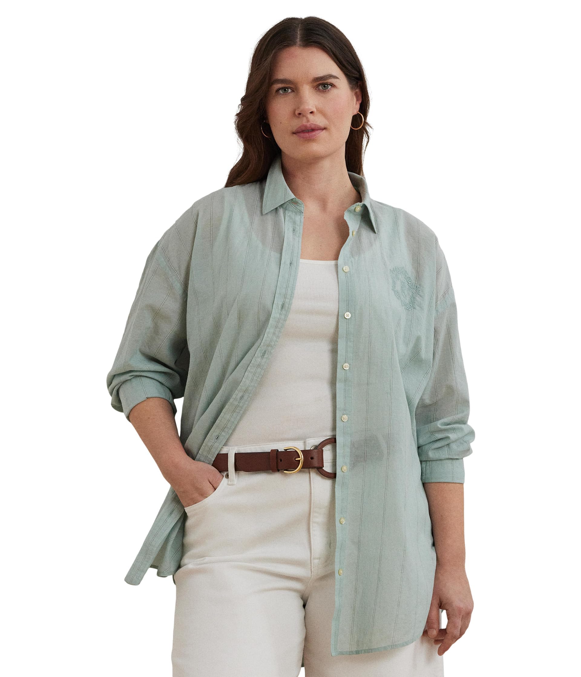 Lauren Ralph Lauren Women's Plus Size Oversize Striped Cotton Voile Shirt Washed Sage Multicolor 3X