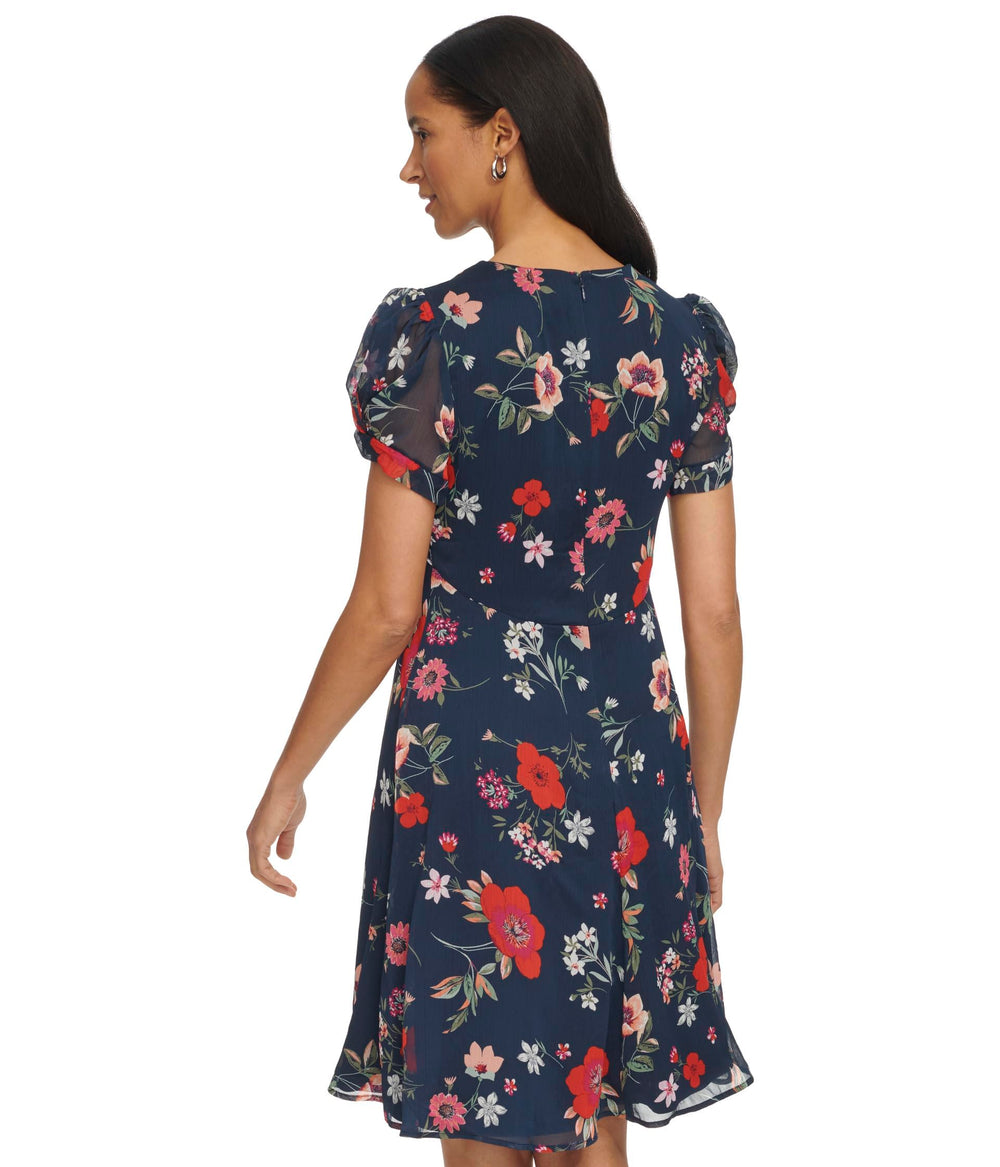 Calvin Klein Women's Dress Short Chiffon Dress with Puff Sleeve Indigo Multi 6