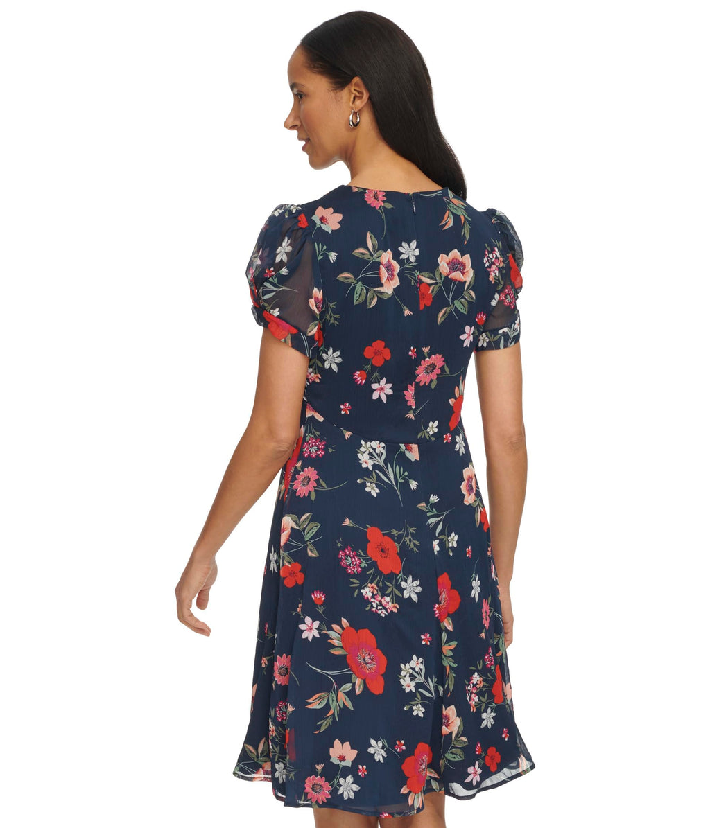Calvin Klein Women's Dress Short Chiffon Dress with Puff Sleeve Indigo Multi 6