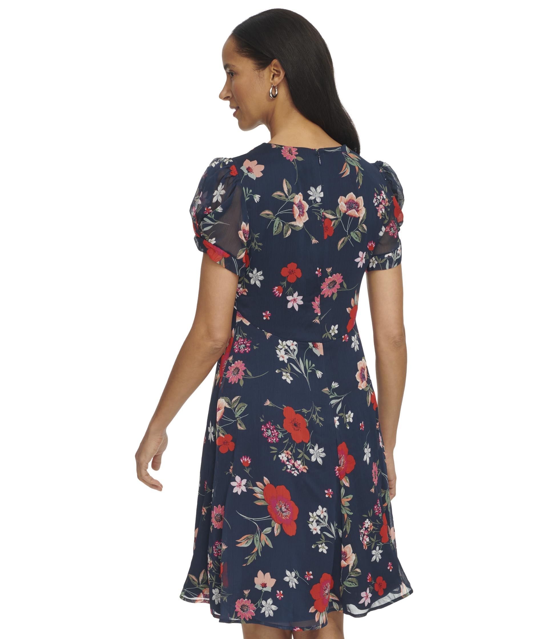 Calvin Klein Women's Dress Short Chiffon Dress with Puff Sleeve Indigo Multi 6