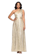 Betsy & Adam Women's Floor-Length, One-Shoulder, Wrap, Foil, Floral Gown, Champagne/Gold