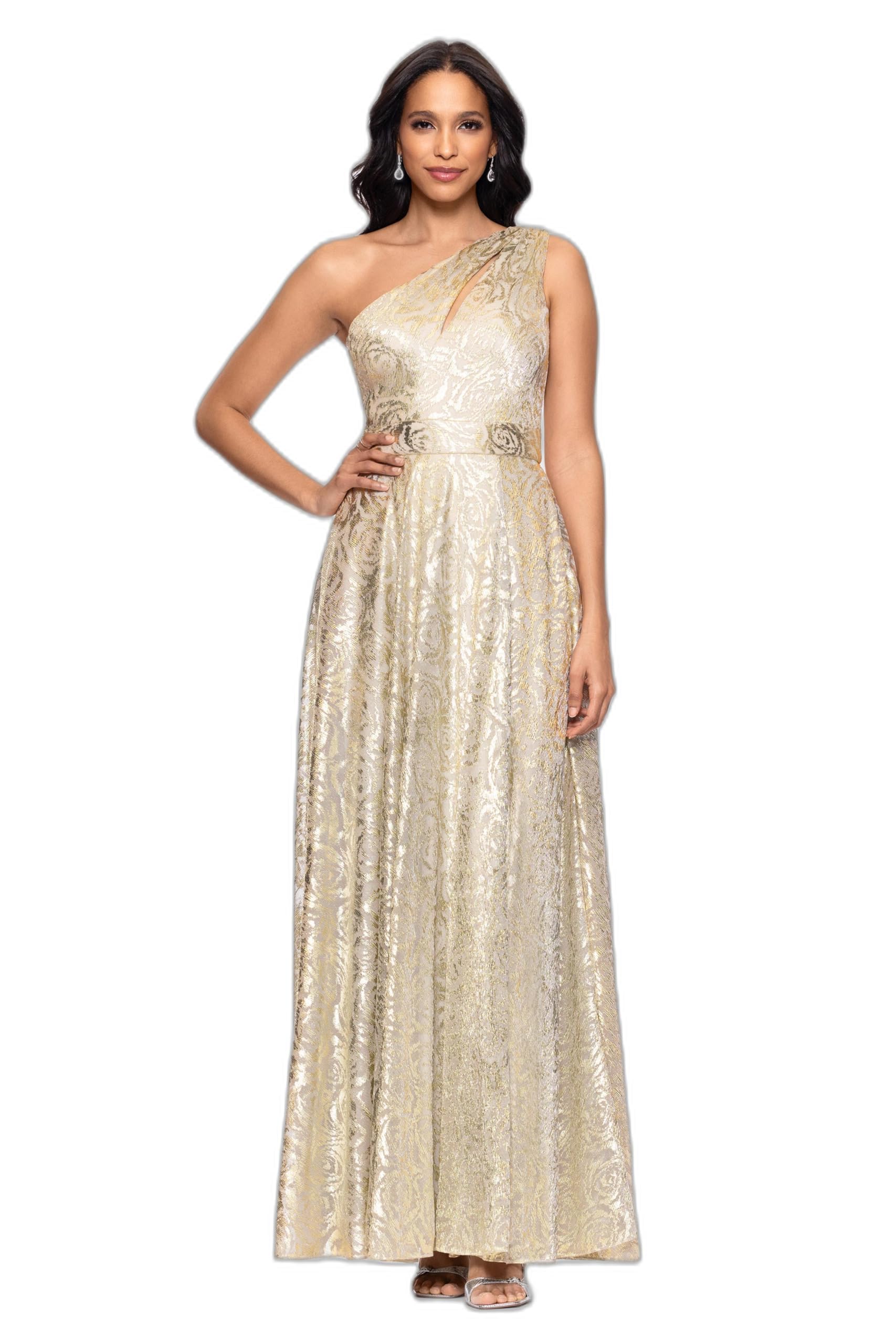 Betsy & Adam Women's Floor-Length, One-Shoulder, Wrap, Foil, Floral Gown, Champagne/Gold
