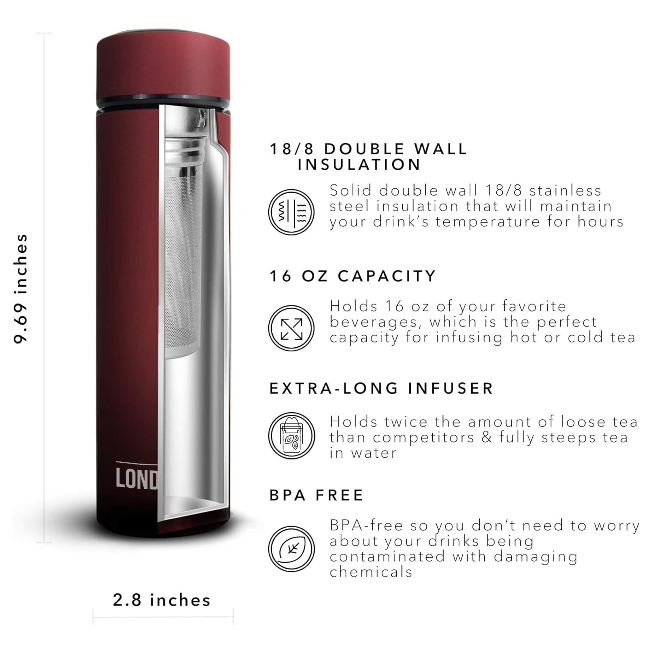 The London Sip Multi-Purpose Travel Mug and Tumbler Fruit Infused Flask Hot and Cold Double Wall Stainless Steel Thermos with Extra-Long Infuser, Sacred Red