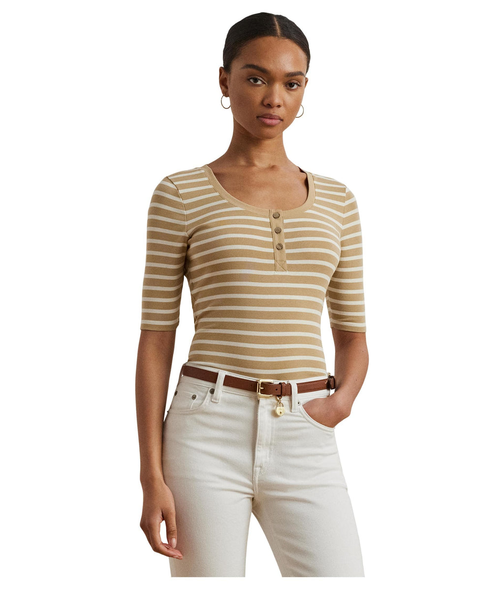 Lauren Ralph Lauren, Womens, Striped Elbow-Sleeve Henley Top, Birch Tan/Mascarpone Cream, Large
