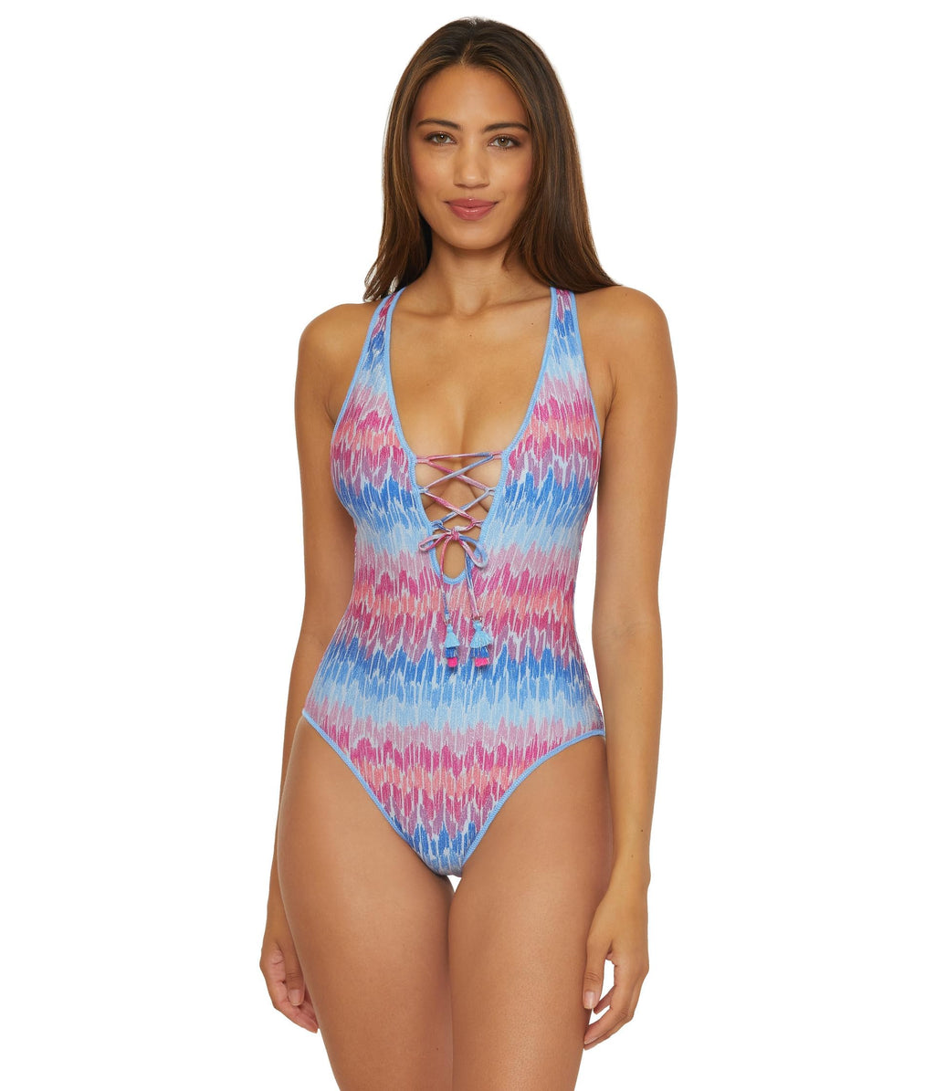 BECCA by Rebecca Virtue Joshua Tree - Women's One Piece Swimsuit, Plunge Neck, Adjustable, Tie Back, Bathing Suits for Women, Multicolor, Medium