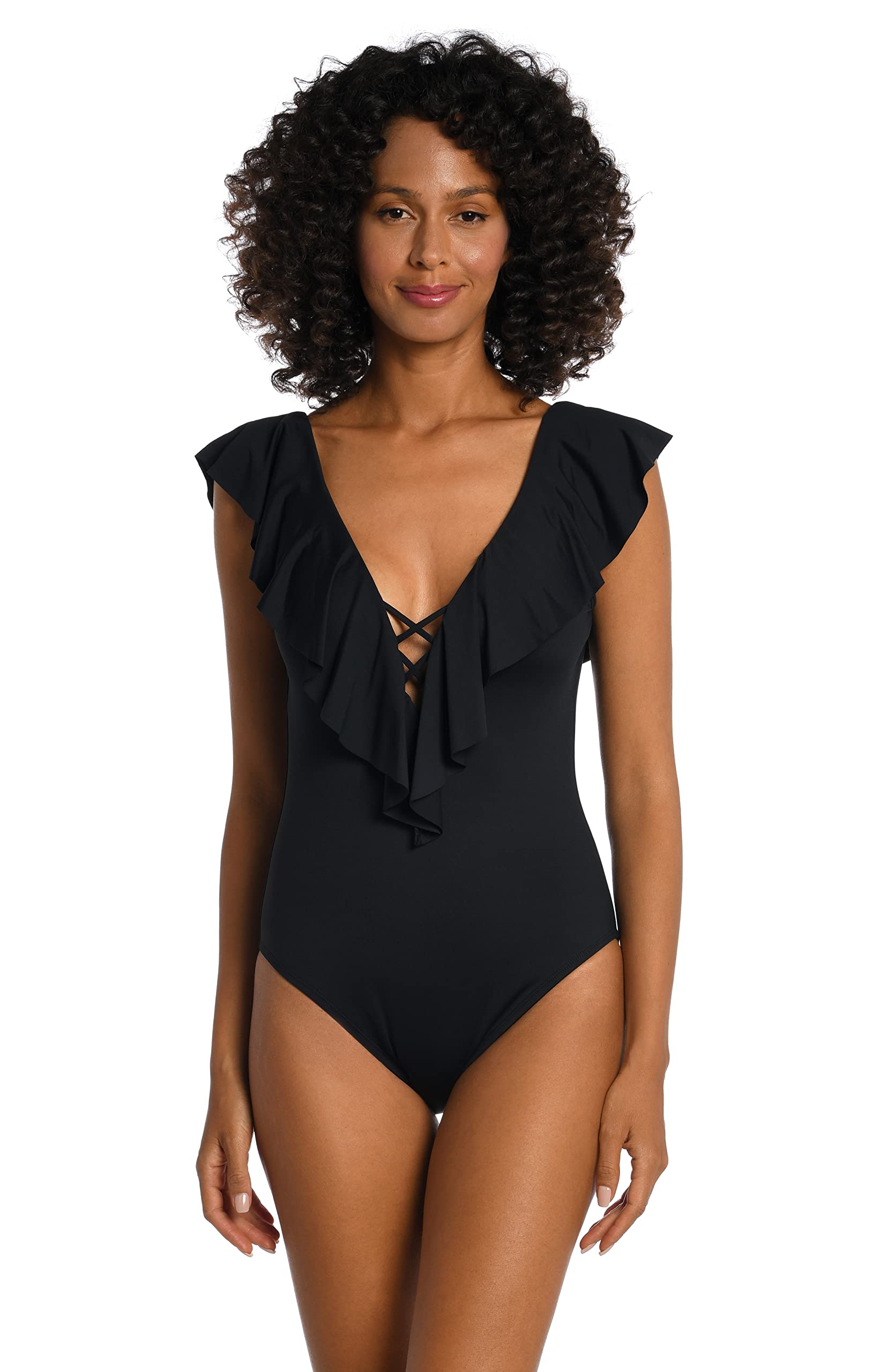 La Blanca Women's Island Goddess Over The Shoulder Ruffle Plunge One Piece, Black, 14