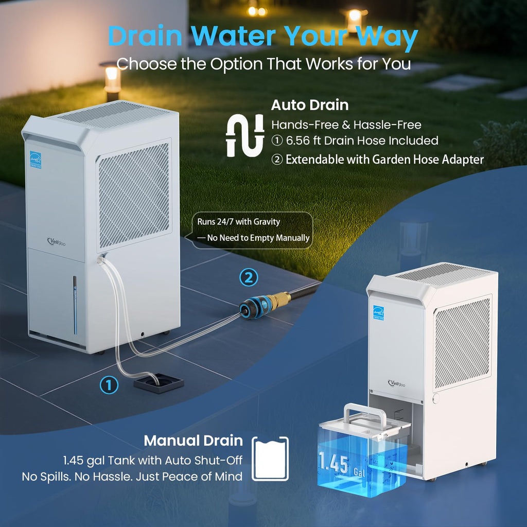 4500 Sq.Ft Most Efficient Energy Star 2024 Dehumidifier,Vellgoo Max 52 Pint/D Dehumidifier for Basement with Drain Hose, Smart Humidity Control, for Home, Bathroom, Garage