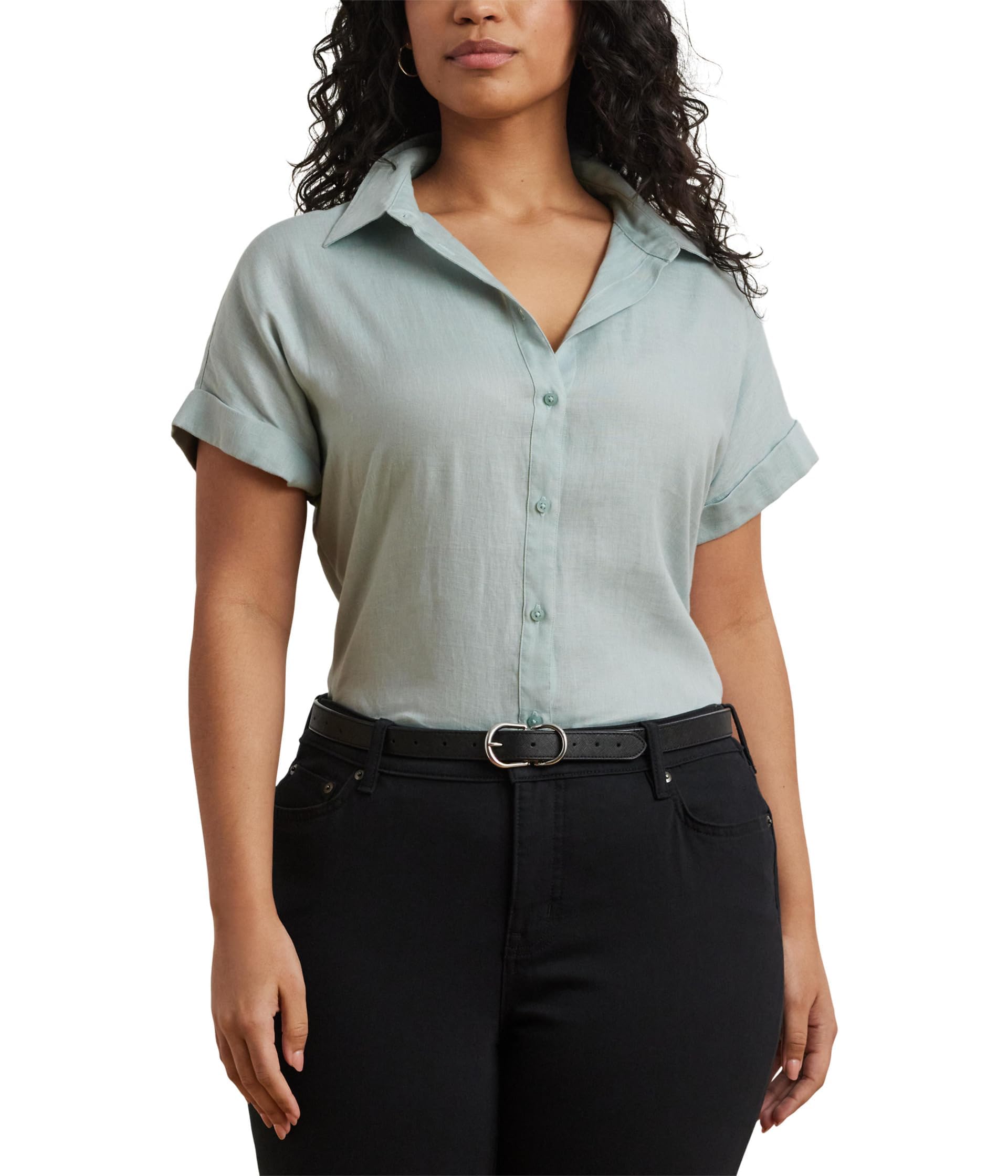 Lauren Ralph Lauren, Women's, Plus Size Relaxed Fit Linen Short Sleeve Shirt, Aqua Pearl, 3X