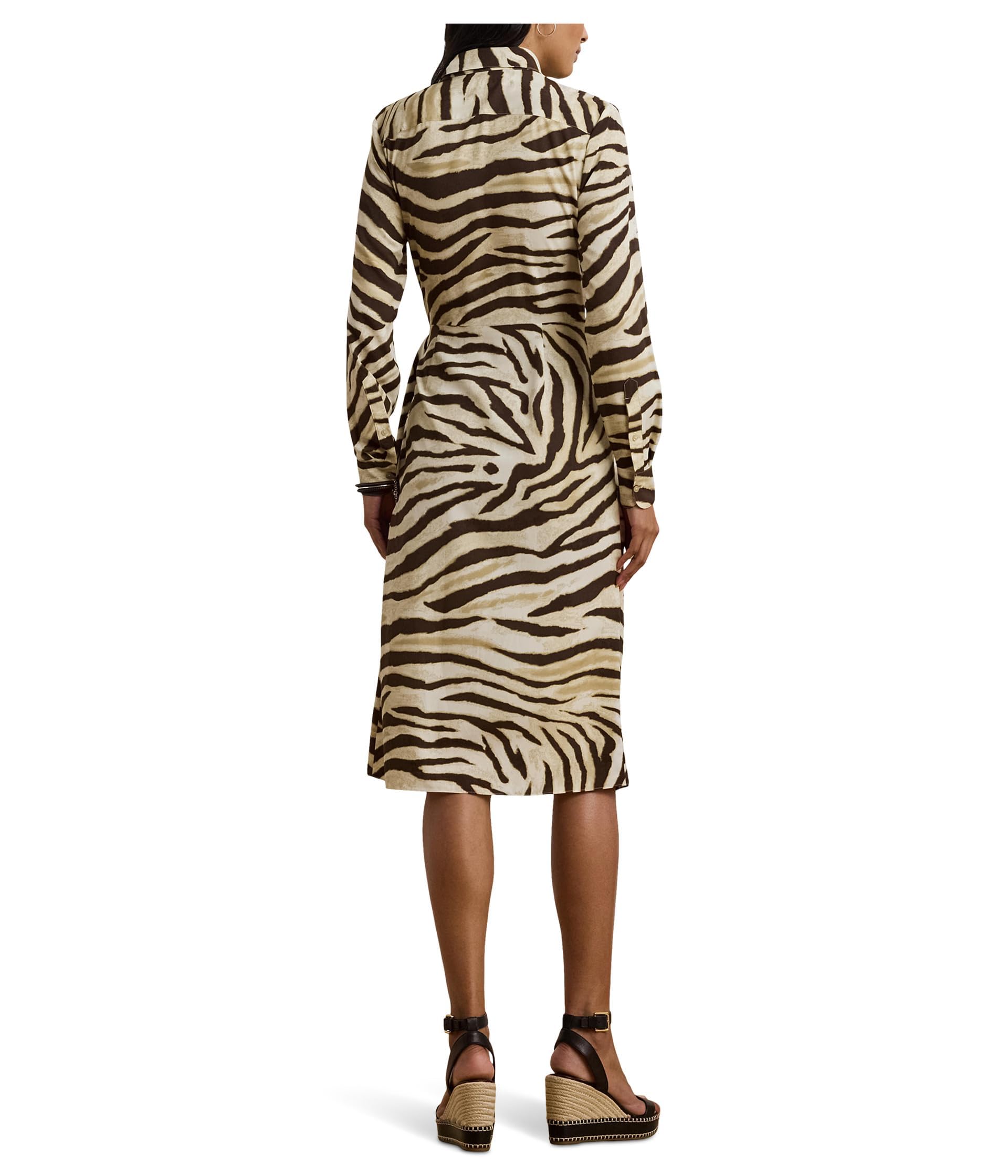 Lauren Ralph Lauren, Womens, Zebra-Print Tie-Front Crepe Shirtdress, Cream/Brown