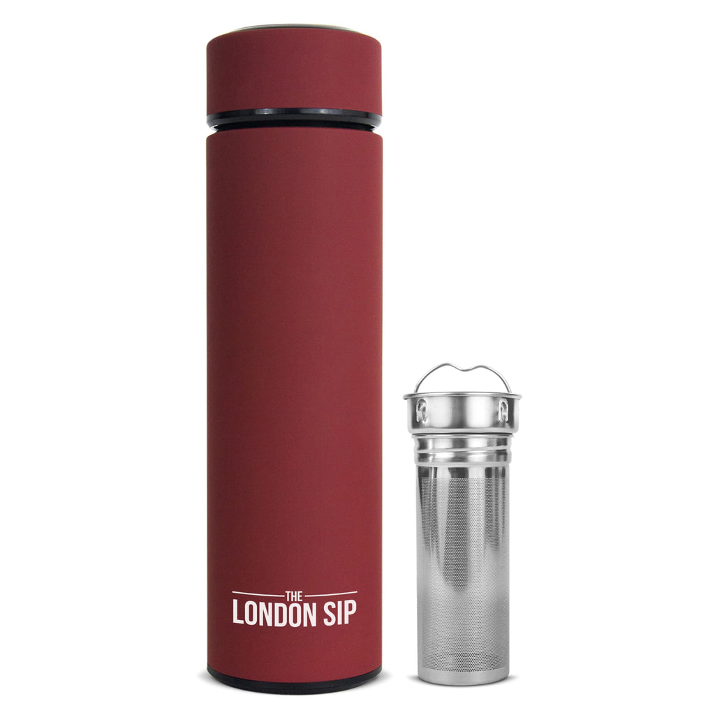 The London Sip Multi-Purpose Travel Mug and Tumbler Fruit Infused Flask Hot and Cold Double Wall Stainless Steel Thermos with Extra-Long Infuser, Sacred Red