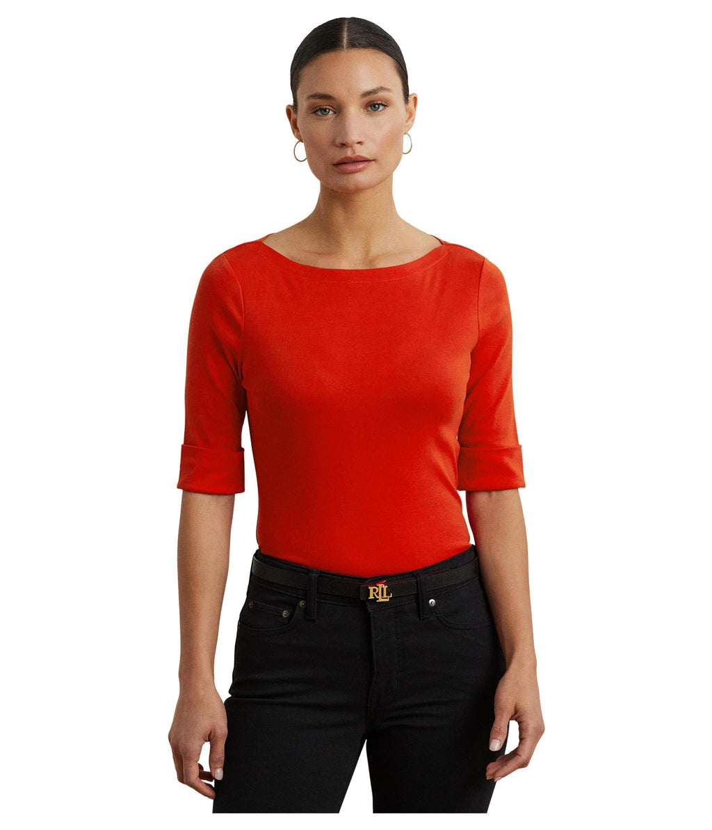 Lauren Ralph Lauren, Womens, Stretch Cotton Boatneck Tee, Bright Vermilion