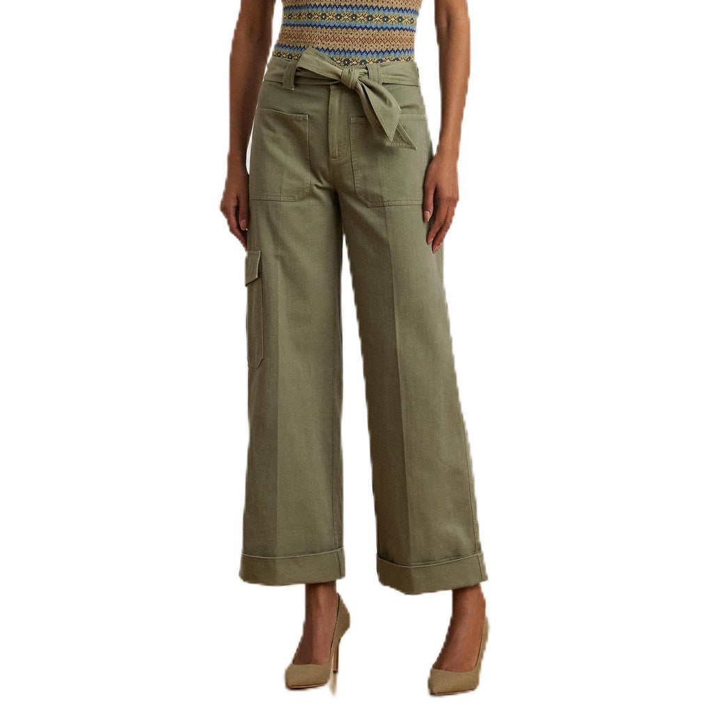 Lauren Ralph Lauren, Womens, Pleated Cotton Twill Wide-Leg Cargo Pants, Sage Green, Size: 12, Inseam: 27