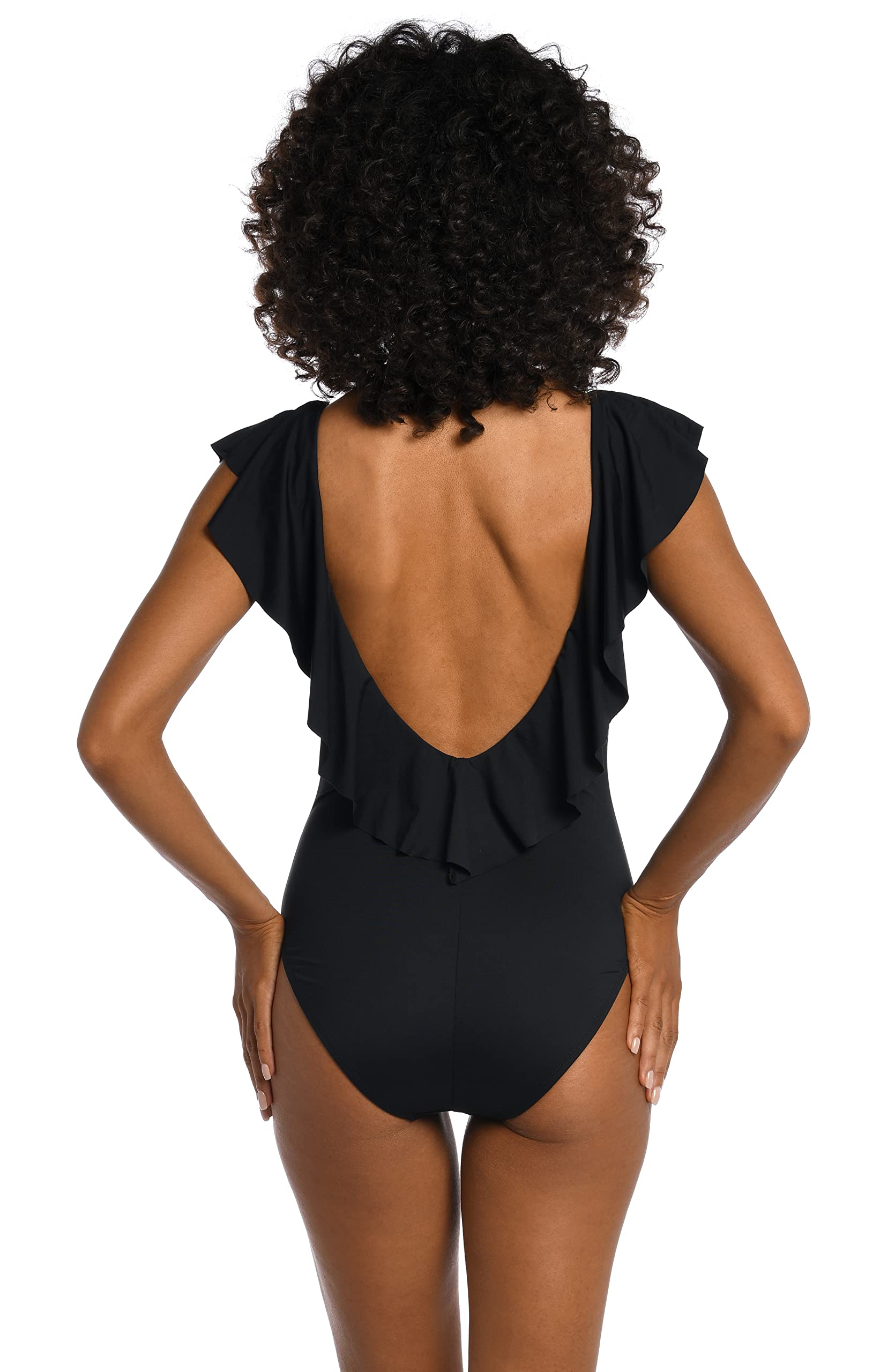 La Blanca Women's Island Goddess Over The Shoulder Ruffle Plunge One Piece, Black, 14