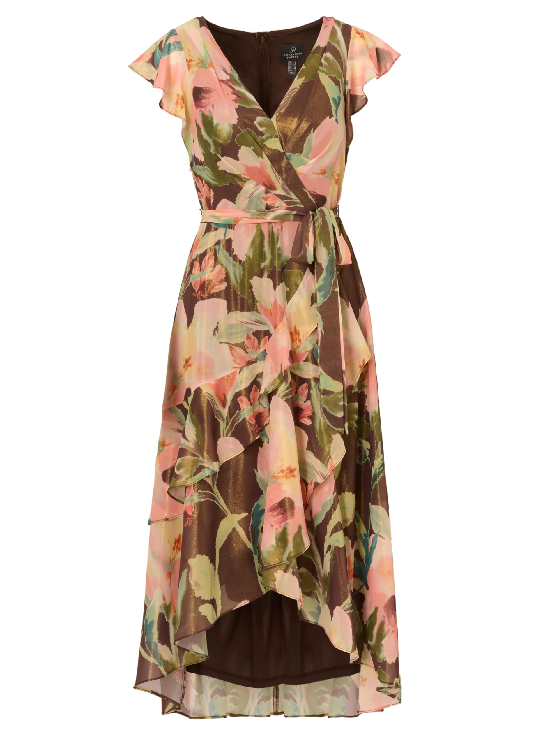 Adrianna Papell Women's Floral Hi Low Midi Dress, Brown Multi, 4