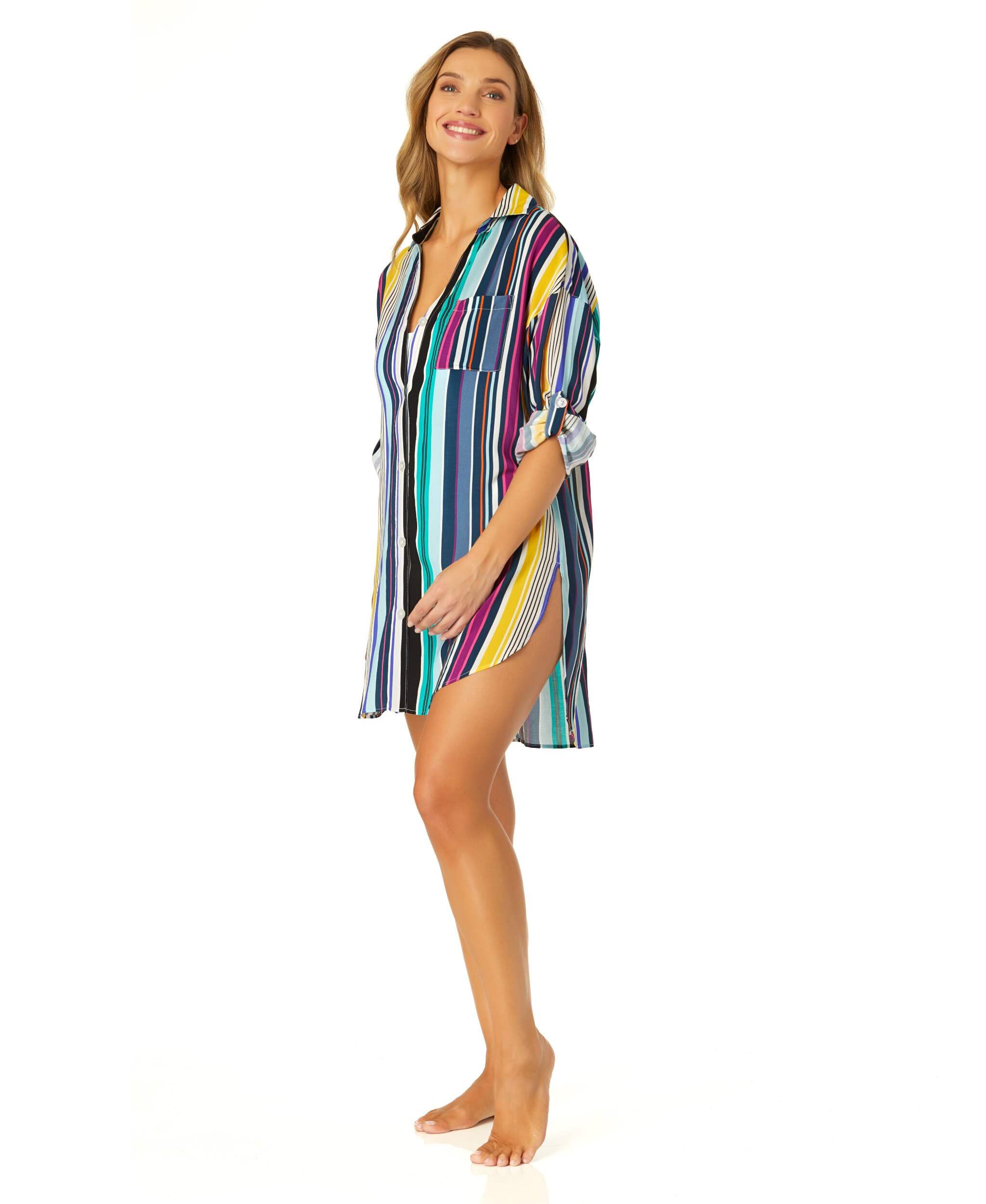 anne cole Women's Barcode Stripe Button Down Shirt Swimsuit Cover Up