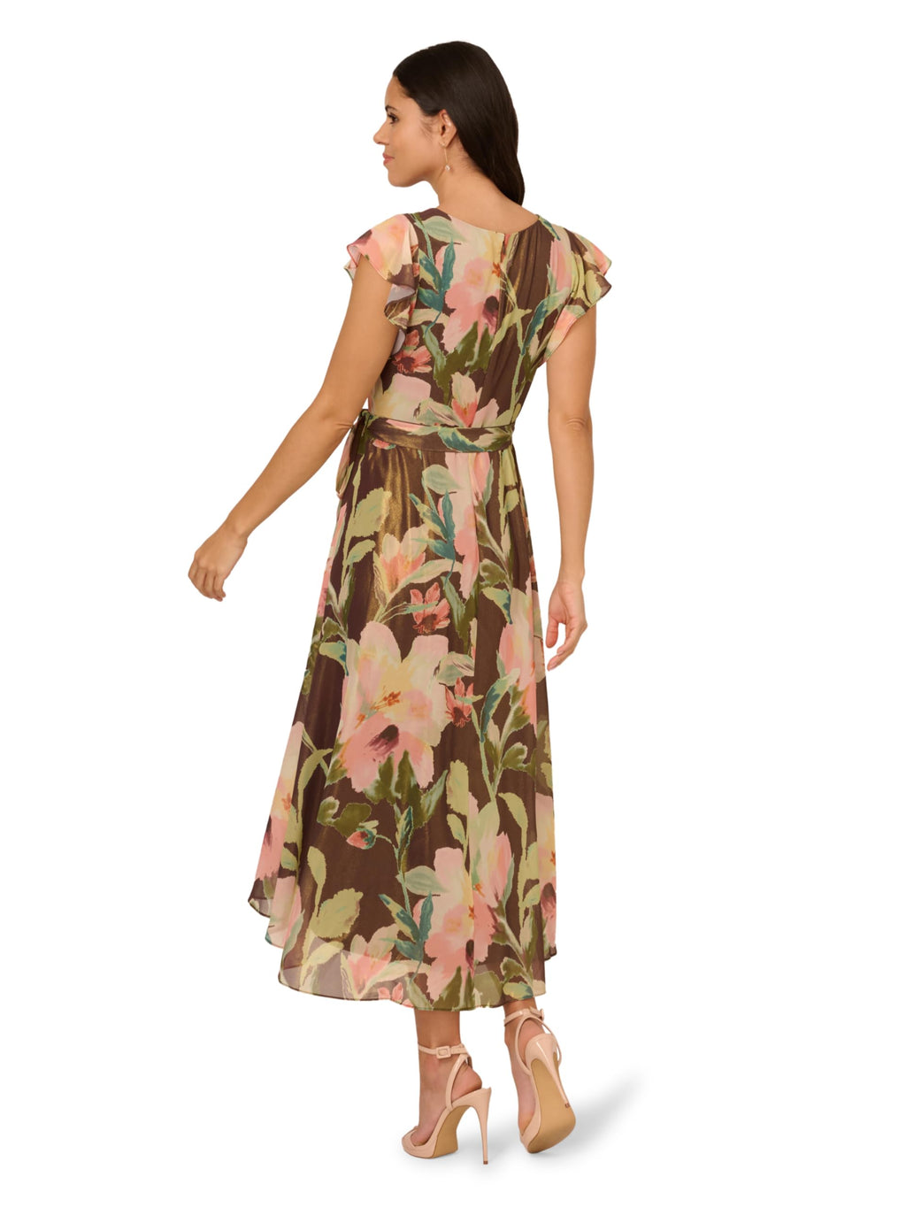 Adrianna Papell Women's Floral Hi Low Midi Dress, Brown Multi, 4
