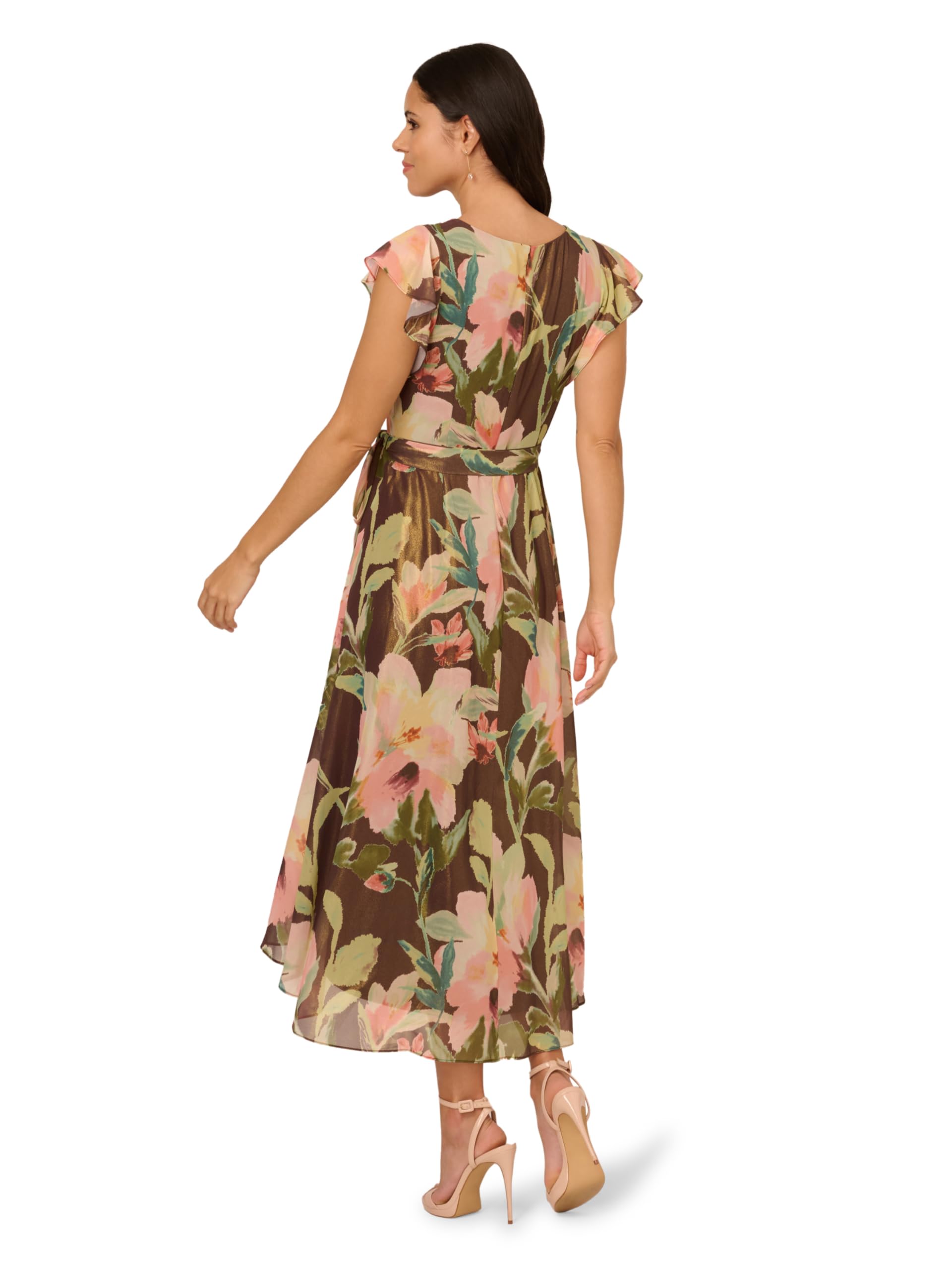 Adrianna Papell Women's Floral Hi Low Midi Dress, Brown Multi, 4