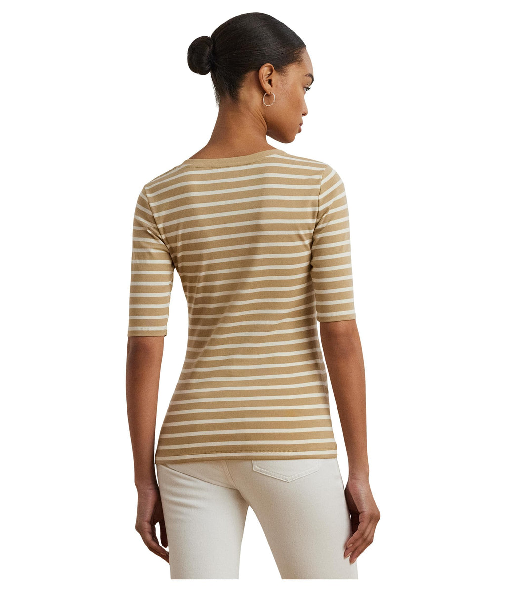 Lauren Ralph Lauren, Womens, Striped Elbow-Sleeve Henley Top, Birch Tan/Mascarpone Cream, Large