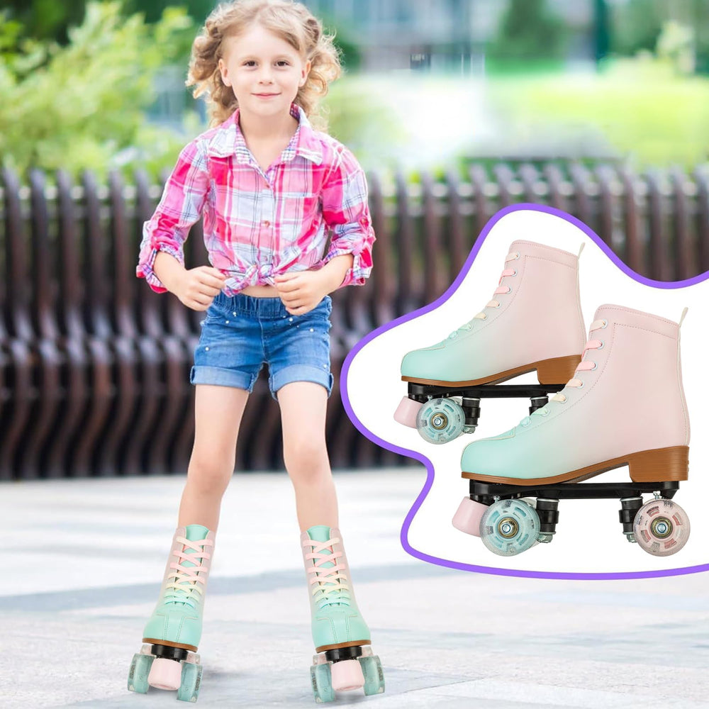 MEIGLQEA Roller Skates for Girls and Women - Cozy PU Leather Gradient Color With Flash Wheels for Indoor Outdoor Use (US Women 6/ Youth 4.5) open box