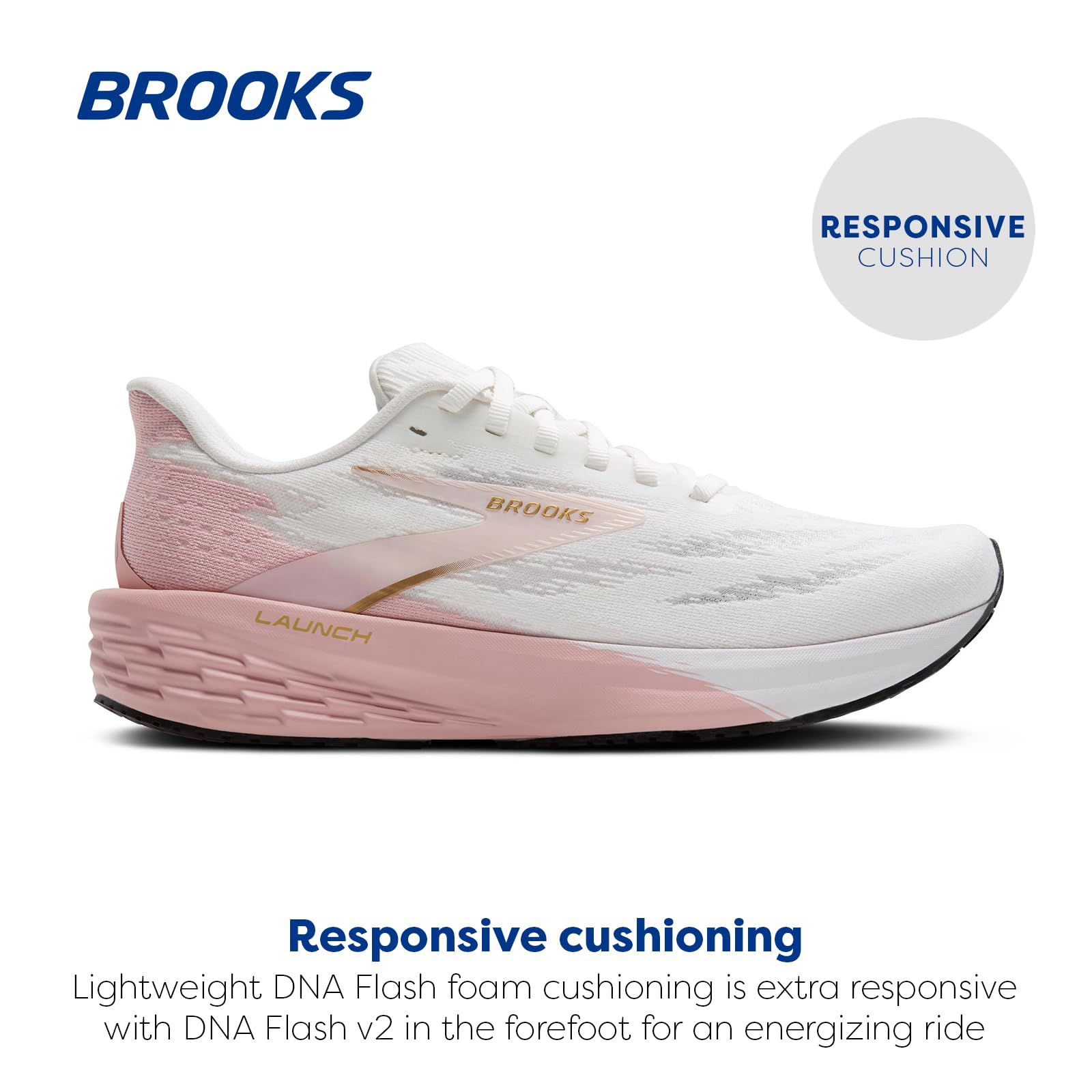 Brooks Women’s Launch 11 Neutral Running Shoe - White/Gold/Pink - 11 Medium
