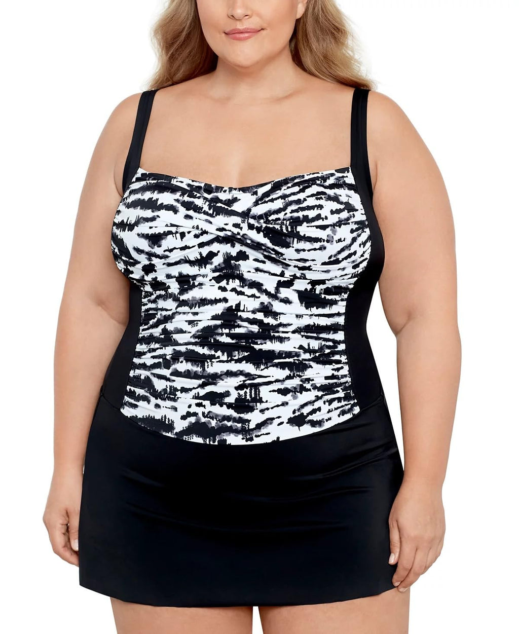 Swim Solutions Plus Size Tummy Control Swimdress, Black with White Pattern, 18W
