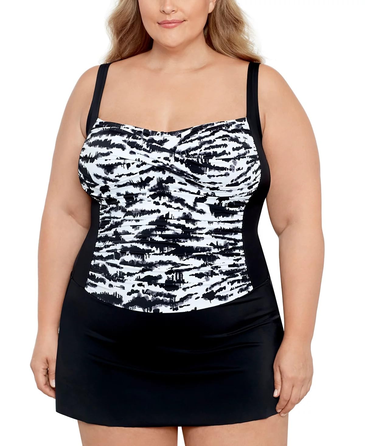 Swim Solutions Plus Size Tummy Control Swimdress, Black with White Pattern, 18W