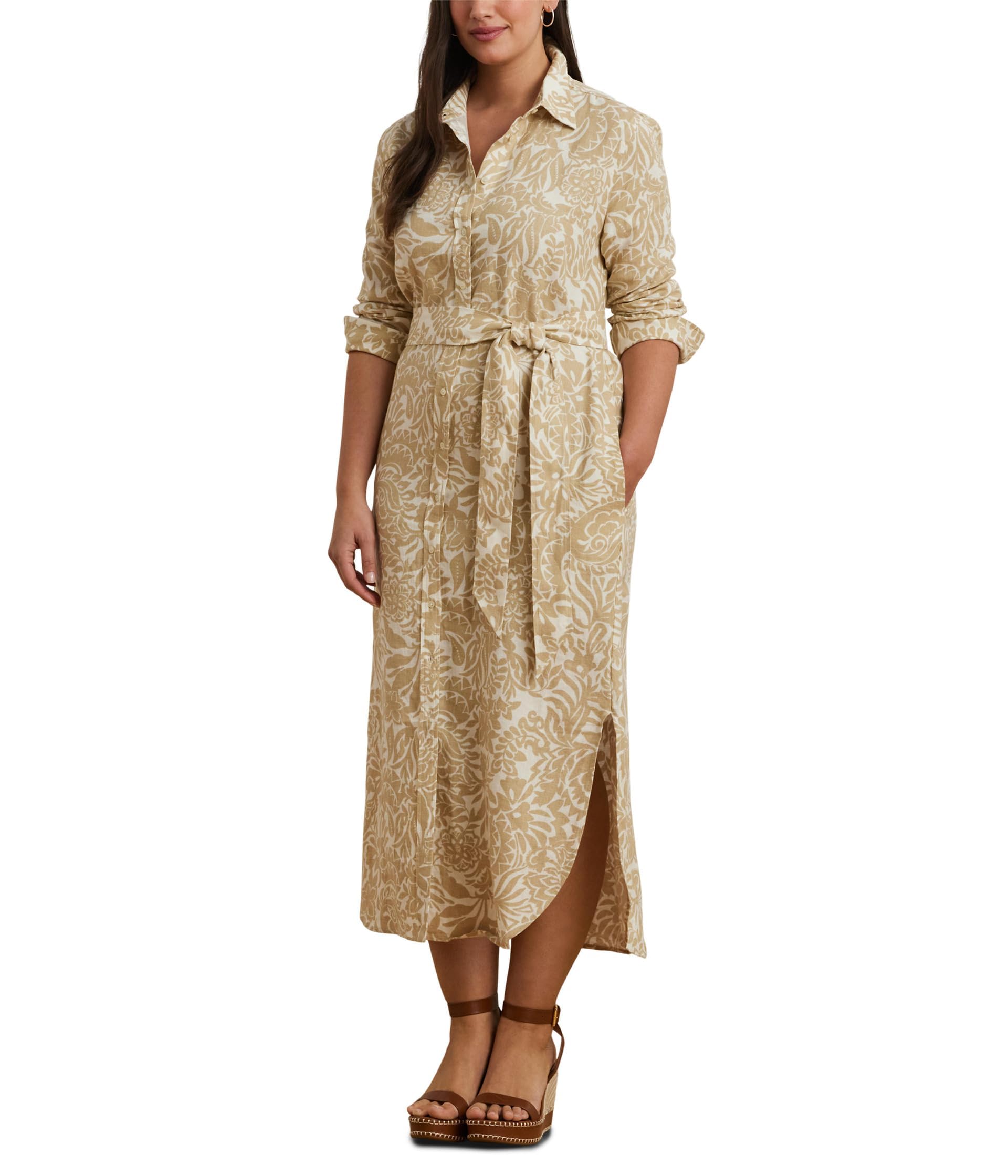 new Lauren Ralph Lauren, Women's, Plus Size Floral Linen Shirtdress, Cream/Tan, 22W
