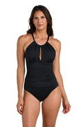 La Blanca Women's Standard Island Goddess High Neck Keyhole Mio One Piece Swimsuit, Black, 12
