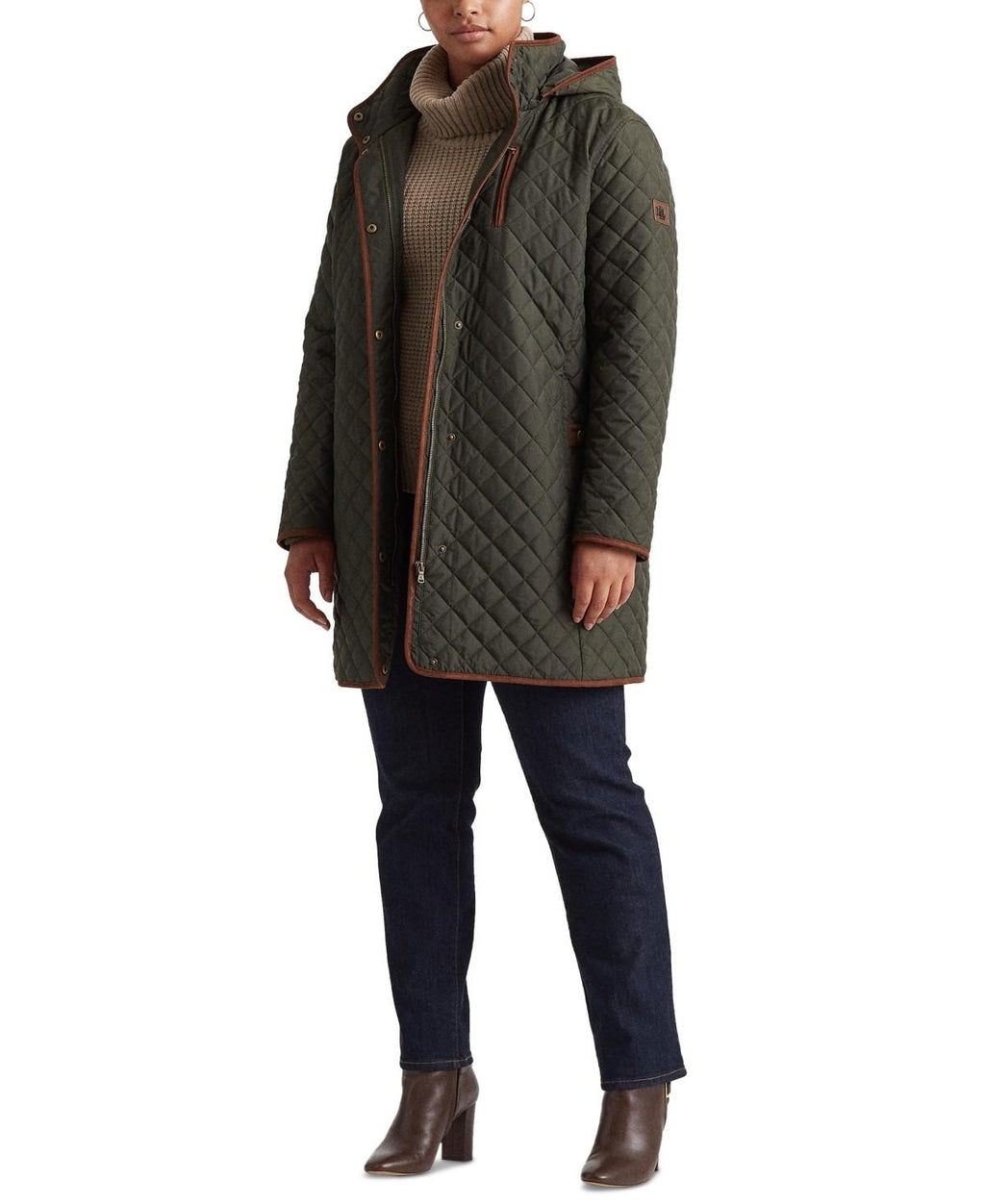 Quilted Faux-Suede Trim Coat with Hood by Lauren Ralph Lauren 1x new