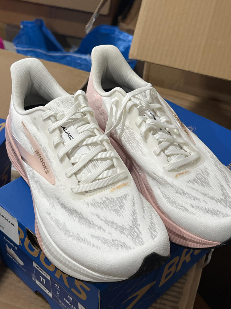 Brooks Women’s Launch 11 Neutral Running Shoe - White/Gold/Pink - 11 Medium