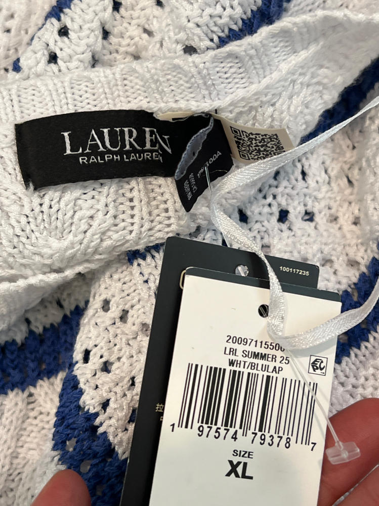 Lauren Ralph Lauren Striped Pointelle Sweater Women's White/Blue Pullover sweater