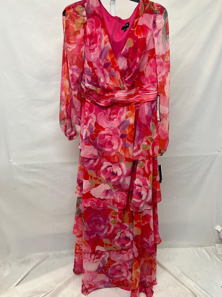 xscape Plus "Norene" Print Chiffon Long Sleeve Ruffle Floor Length Dress